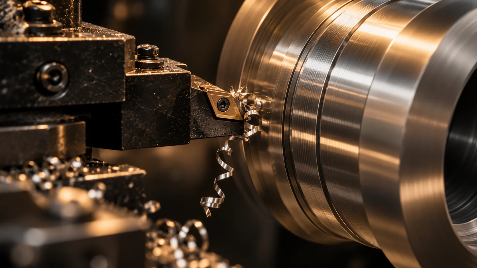 Illustrative lathe cutting a steel component